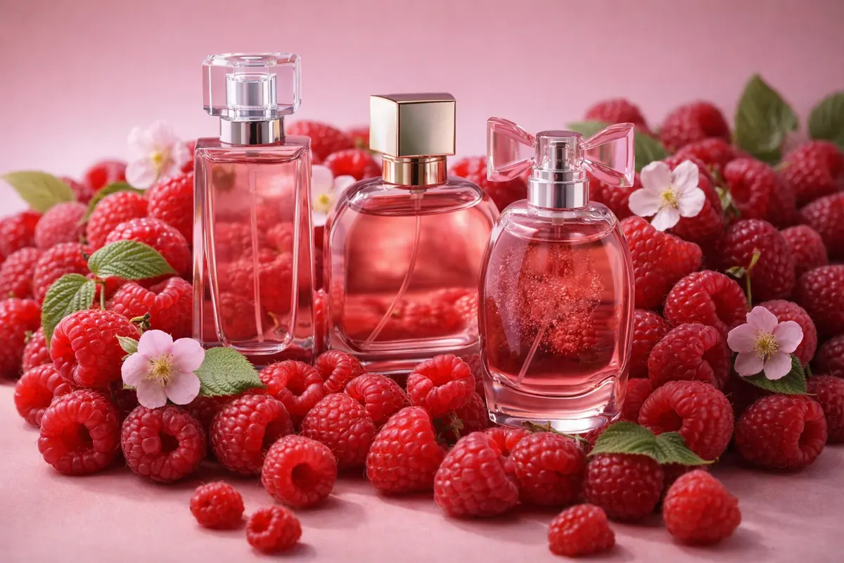 Bottiglie di profumo tra le lamponi