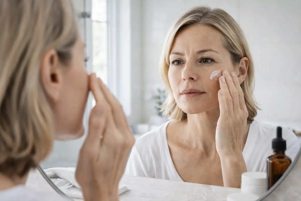 Cura della pelle davanti allo specchio
